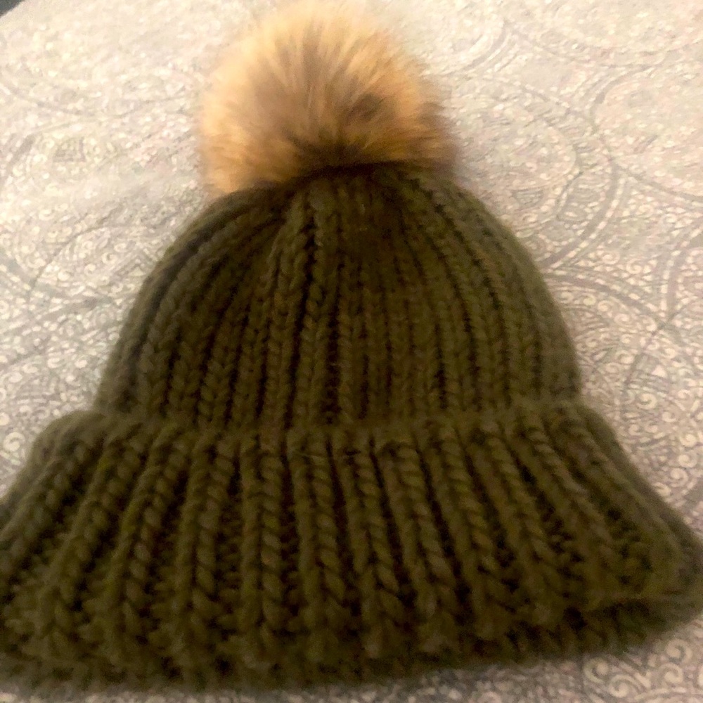 Olive/Camo Green Beanie w/ Faux Rabbit Fur Topper